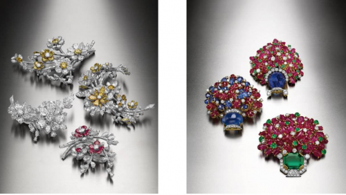 en tremblant 胸針（左）和Giardinetto 胸針（右）是BVLGARI 珍貴的Heritage 系列作品之一